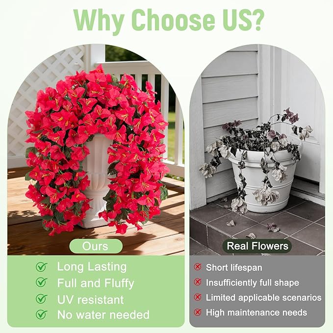 Fake Bougainvillea Artificial Flowers for Outdoors Decoration 2 pcs Faux Hanging Flowers Plants for Outdoor Planters UV Resistant Silk Bougainvillea Vines for Front Door Porch Urn Patio Garden
