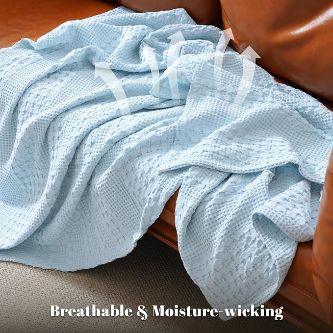 PHF 100% Cotton Waffle Throw Blanket for Couch, Lightweight Breathable and Soft for Summer, Luxury Aesthetic Waffle Weave Blanket for Home Decor & Office, Gifts for Women, 50"x60", Baby Blue