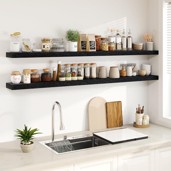 Fun Memories 72Inch Floating Shelves,Wall Mounted Rustic Wood Floating Shelf with Invisible Brackets for Storage & Decor,2 Pack Shelves for Bathroom,Bedroom and Kitchen,Black