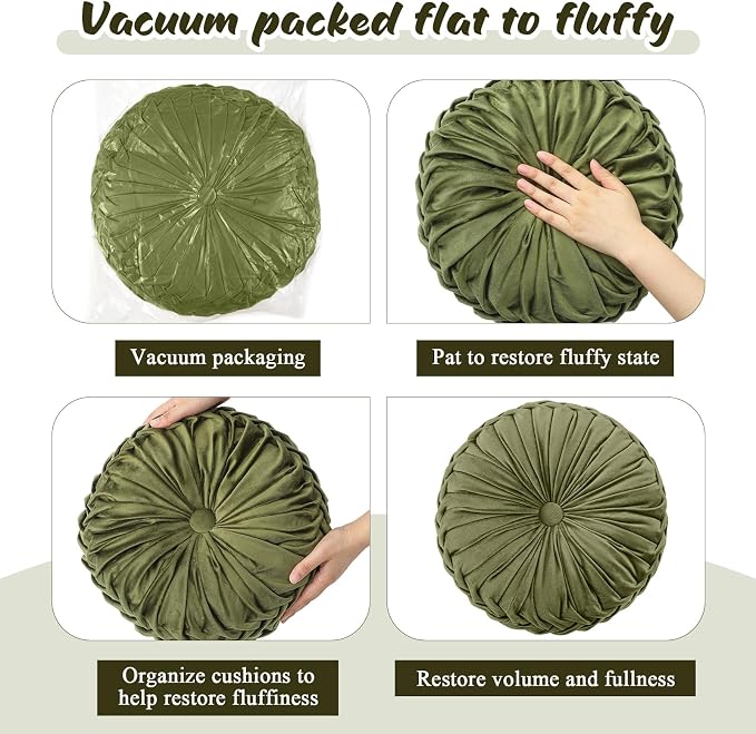 Drydiet 1 Pcs Round Throw Velvet Pillows Decorative Pleated Throw Pillows Diameter Accent Pumpkin Boho Chair Cushion for Couch Sofa Home Decoration (Dark Olive Green,15'')