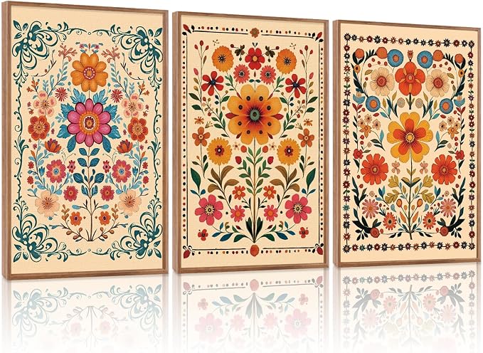 HOURIA 3Pcs Framed Mexican Floral Canvas Wall Art (24"x36"), Abstract Orange Botanical Latin Folk Wall Decor, Vintage Mid Century Modern Tropical Flower Art Print for Office Farmhouse Bedroom