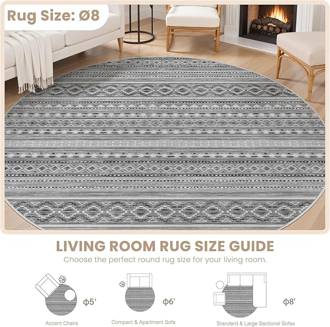 cotiled 8x8 Round Area Rug Living Room: Washable Boho Rugs with Non Slip Backing Large Soft Indoor Stain Resistant Carpet for Bedroom Farmhouse Dining Room Lightweight Home Decor Beige Grey