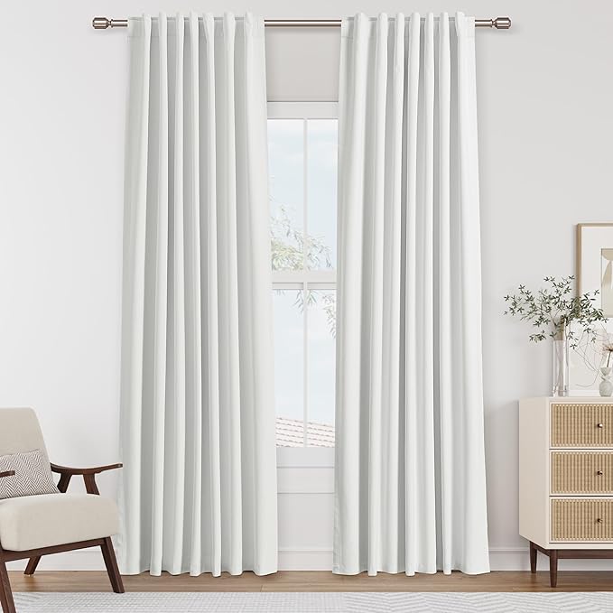 Guken White 100% Blackout Linen Curtains 52 Inch Wide by 82 Inch for Living Room Bedroom Back Tab/Rod Pocket Thermal Insulated Black Out Linen 2 Drapes Room Darkening Window Curtains,52x82