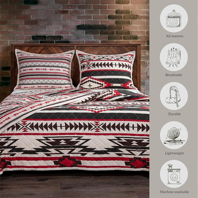 Paseo Road Cortez Western Bedding 3 Piece Quilt Set with Pillow Shams, Full Queen Aztec Bedding Set, Tribal Southwestern Bedding, Geometric Pattern Cotton Reversible Rustic Bed Set
