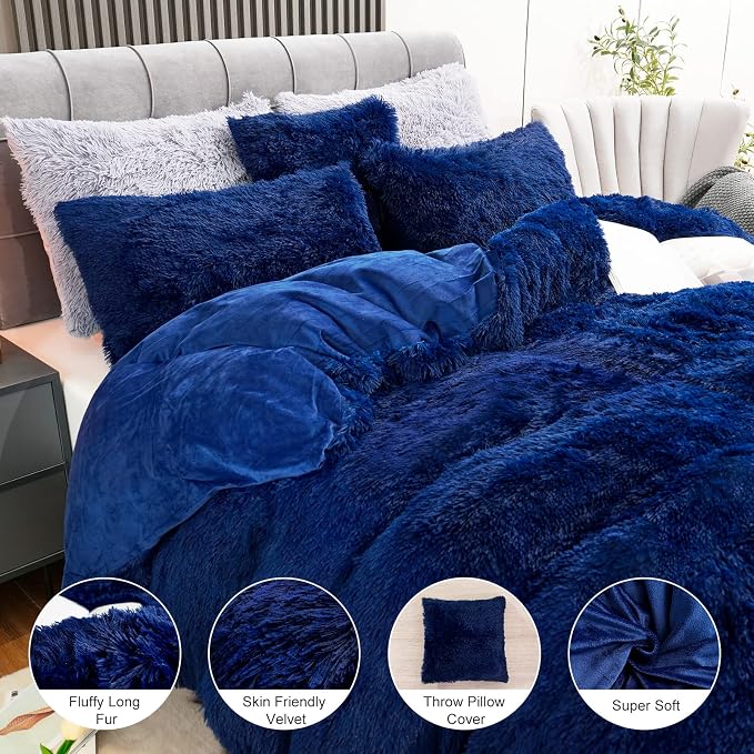 Fluffy Plush Duvet Cover Set Queen Size, Luxury Ultra Soft Velvet Fuzzy Comforter Cover Bed Sets 4Pcs(1 Faux Fur Duvet Cover + 2 Pillow Cases + 1 Pillow Cover) Zipper Closure (Queen, Navy Blue)