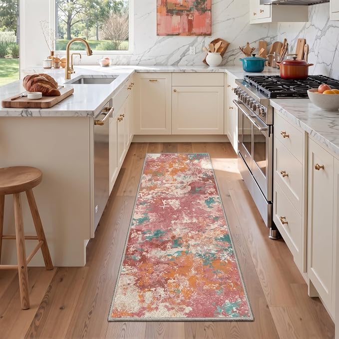 BEIMO 2X6 Runner Rug for Hallway Kitchen, Machine Washable Runners Rug for Entryway, Soft Modern Abstract Throw Rugs, Low Pile Floor Cover with Non Slip Backing, Red Green