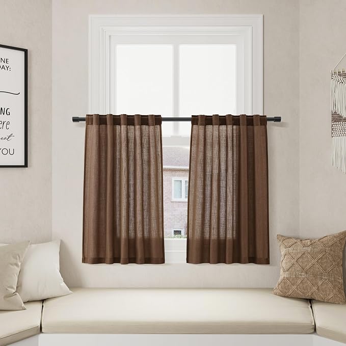 Caramel Brown Linen Cafe Kitchen Curtains 30 Inch Length Linen Blend Semi Sheer Light Filtering Short Curtain Back Tab Rod Pocket for Over Sink Window Scandinavian Bathroom Laundry 2 Panels 36Wx30L