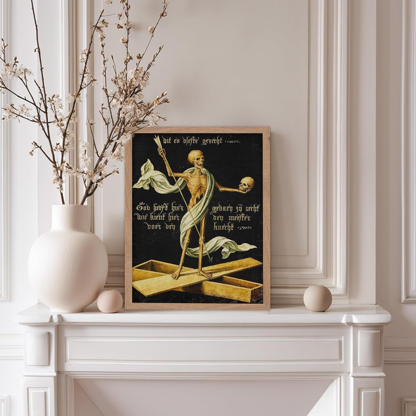 Poster Master Vintage Medieval Poster - Retro Gothic Print - Gift for Artist, Friend - Allegory of Life and Death, Skeleton, Dark, Skull - Wall Decor for Home, Living Room, 11x14 Beige Framed