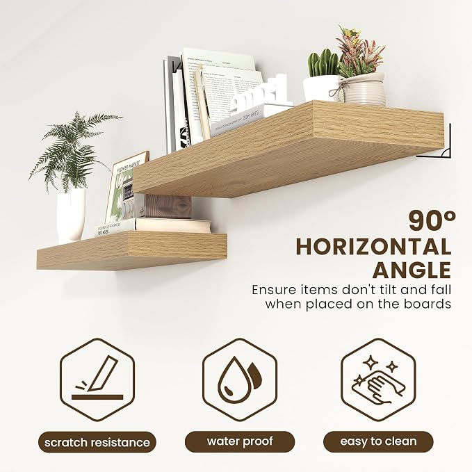 FLYJOE Deep Floating Shelves | 40 Inch Oak Floating Shelves Set of 2 | 12 Inch Deep Wood Wall Shelves | 40" W x 12" D Oak Shelves for Bathroom Living Room Kitchen Laundry Room