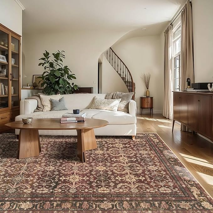 Rugxara 6x9 Area Rugs for Living Room Bedroom, Large Washable Christmas Rug, Vintage Oriental Boho Rug, Non Slip & Low Pile Faux Wool Thin Carpet for Indoor Dining Room, Classroom Dorm and Kids Room