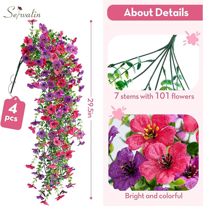 Serwalin 4PCS Artificial Hanging Flowers for Outdoors Summer Decoration, UV Resistant Fake Hanging Realistic Plants for Patio, Garden, Porch, Window, Outside (Purple&Rose Red,4PCS)