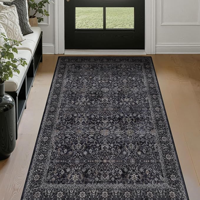 Vintage Dark 3x5 Entryway Rug Indoor Foyer, Earth Tone Farmhouse Throw Rug for Kitchen Bathroom, Machine Washable Non Slip Thin Area Rug for Nursery/Bedroom Bedside/Home Office/Dorm, Midnight