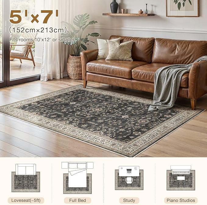 Area Rug for Living Room - 5x7 Soft Washable Oriental Vintage Floral Distressed Large Carpet - Fade Stain Resistant Non Slip Rugs for Bedroom Dining Room Nursery Dorm Office Home Decor - Black