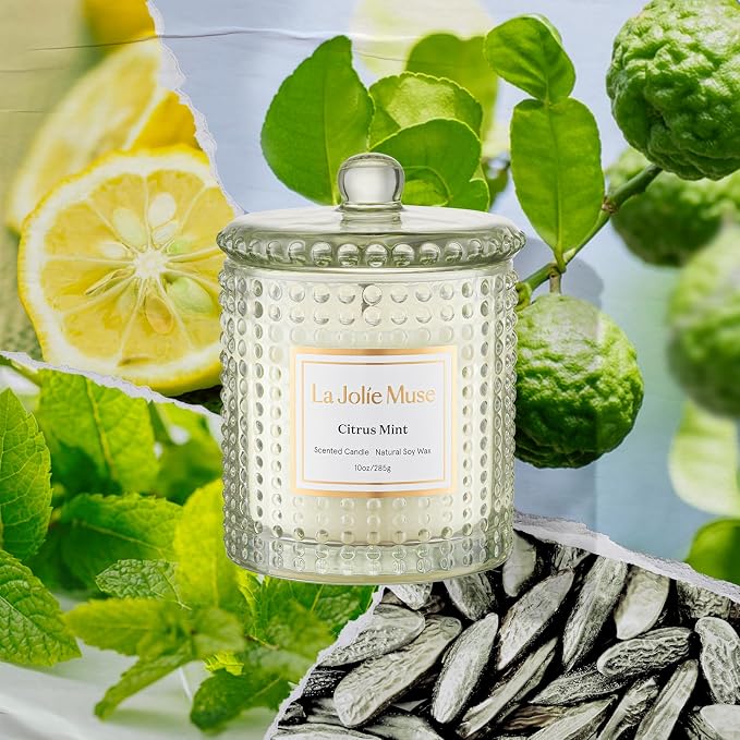 LA JOLIE MUSE Citrus Mint Scented Candles for Home, Natural Soy Wax, 55 Hrs | Large Jar Luxury Candle, Clean Non Toxic, Gift for Women & Men, Decorative Fresh Candle, Spring Summer Candles, Bergamot Yuzu