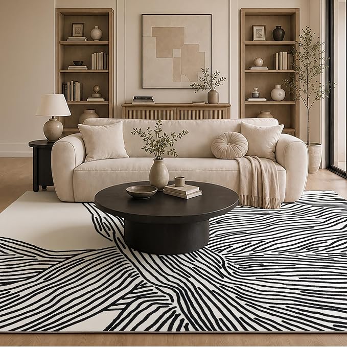 YIHOUSE 8×10 Ft Washable Rug, Black and White Abstract Area Rug for Bedroom Living Room Dining Room Office Playroom Nursery, Ultra Thin Nonslip Modern Large Rugs Soft Contemporary Striped Rugs | Black and Cream White Modern Striped Rug, Soft Low Pile w...