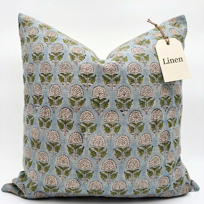 Linen Throw Pillow Covers 20x20 inch Blue Green Spring Decorative Pillow Covers for Living Room, Bedroom