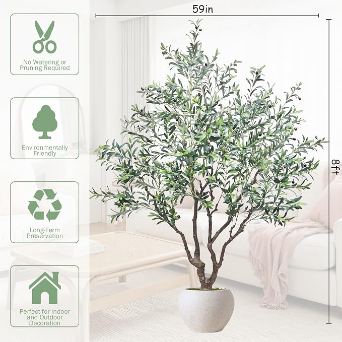 Caxchiling Large Artificial Olive Tree 8FT, Indoor Outdoor Faux Tall Tree | Natural Trunk with Olive Fruits and Buds in White Planter for Home Office Living Room