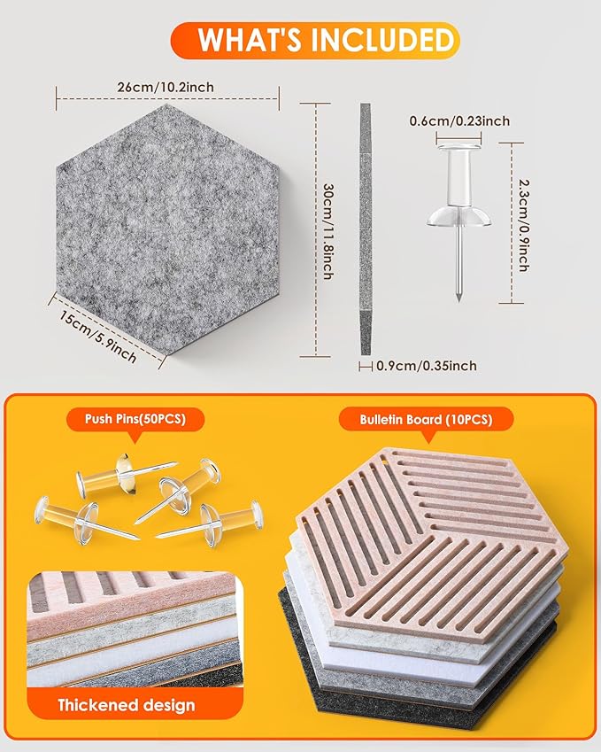 Hexagon Cork Boards for Walls Decor 10 Pack Cork Bulletin Board Tiles with 50 Pins,Pin Board for Office & Home for Notes Photos and DIY Classroom Decor (Industrial Vintage Style)