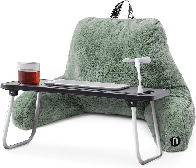 Nestl Fur Reading Pillow with Laptop Lap Desk, Stylish Back Pillow for Sitting Up, Lap Desk with Reading Pillows for Sitting in Bed Adult & Kids, Faux Fur Chair Pillow with Arms - Sage Green