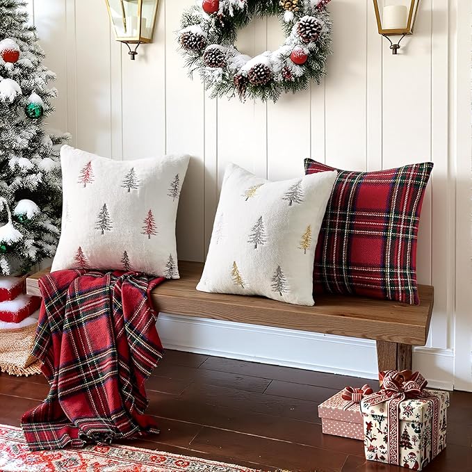 MIULEE Christmas Decorative Pillow Covers Set of 2 Faux Fur Throw Pillows with Embroidered Christmas Tree 18x18 Inch White Gold Winter Couch Covers for Festival Sofa Bedroom Living Room Home Decor