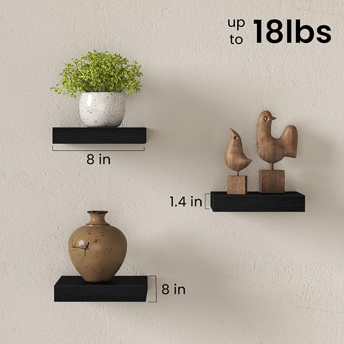 Fun Memories Small Floating Shelves for Wall - 8 Inch Square Wall Shelves with Invisible Brackets, Black Shelves for Bathroom, Living Room, Bedroom, and Kitchen Decor, Set of 3