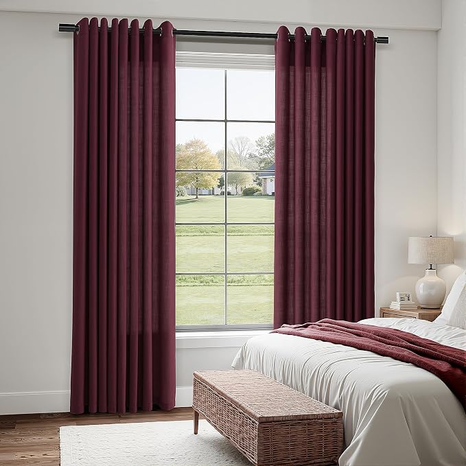 Aersas Burgundy 90 Inches Long Grommet Linen Curtains 2 Panels Set for Living Room Dining Semi Sheer Light Filtering Morden Farmhouse 90 Inch Length Window Curtain for Bedroom 52x90
