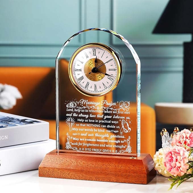 Ornalrist Wedding Gifts for Couples 2026 - Glass Clock with Wooden Light Base Happy Anniversary Marriage Prayer Wedding Gifts for Bride and Groom Engagement Newlywed Mr Mrs Gifts