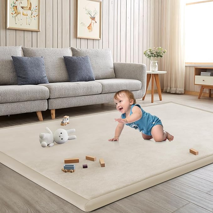 Baby Play Mat for Floor Nursery Rug Muscle Mat Area Rug Playroom Rug 47"x47" Playpen Mat Elastic Foam 1.3" Thick Crawling Mat for Babies,Toddlers, Infants, Kids,A Beige