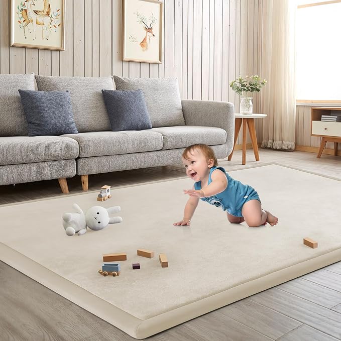 Baby Play Mat for Floor Nursery Rug Muscle Mat Area Rug Playroom Rug 74"x50" Playpen Mat Elastic Foam 1.3" Thick Crawling Mat for Babies,Toddlers, Infants, Kids,A Beige