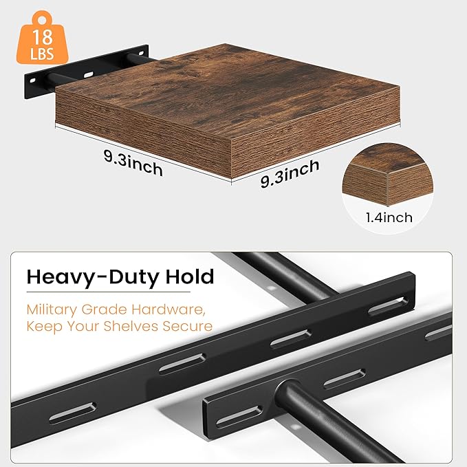 Fun Memories Floating Shelves for Wall, 9.3 Inch Set of 4 Rustic Wood Wall Shelves with Invisible Brackets, Heavy Duty Storage Display for Bathroom Bedroom Living Room Kitchen, Brown