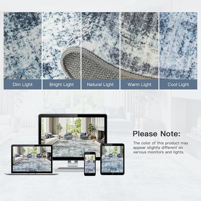 Lofus 5x7 Area Rug for Living Room, Blue Abstract Rugs with Non-Slip Backing, Neutral Modern Washable Carpet for Bedroom Dining Room Home Office Nursery Indoor