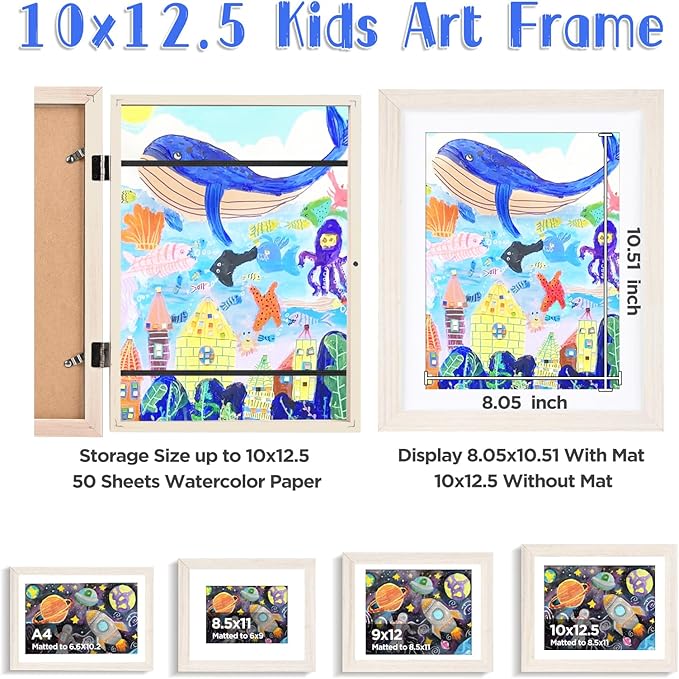 KINLINK 10x12.5 Kids Art Frame Set of 2, Solid Wood Kids Artwork Frames Changeable with Front Opening Hold 150 Pictures, Art Frames for Kids Art with Mat，without Mat 10x12.5 Picture Frame White Wood