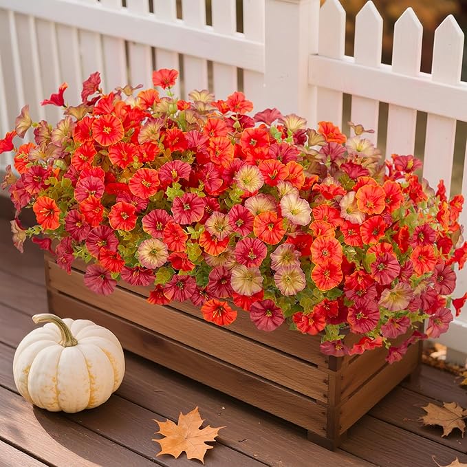 Hrobek Fall Artificial Flowers for Decoration, 12 Bundles Fake Autumn Flower Plants Petunias, Faux Silk Morning Glory Eucalyptus for Planter Garden Porch Front Door Window Box, Red Orange