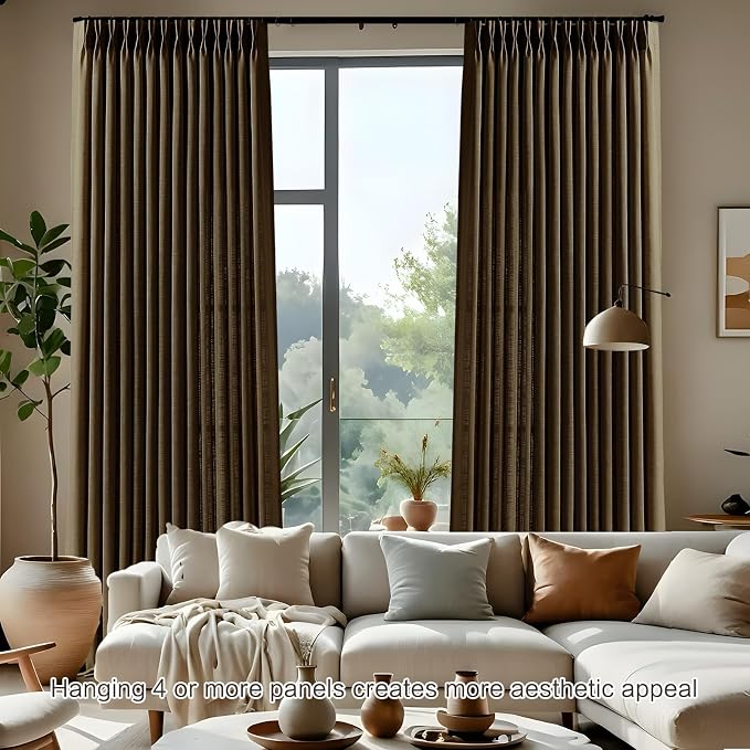 Chocolate Pinch Pleated Linen Curtains 84 Inches Long for Living Room, Light Filtering Pleat Drapes Textured Thick Memory Trained Semi-Sheer Curtain with Hooks for Bedroom Dining Room, 2 Panels