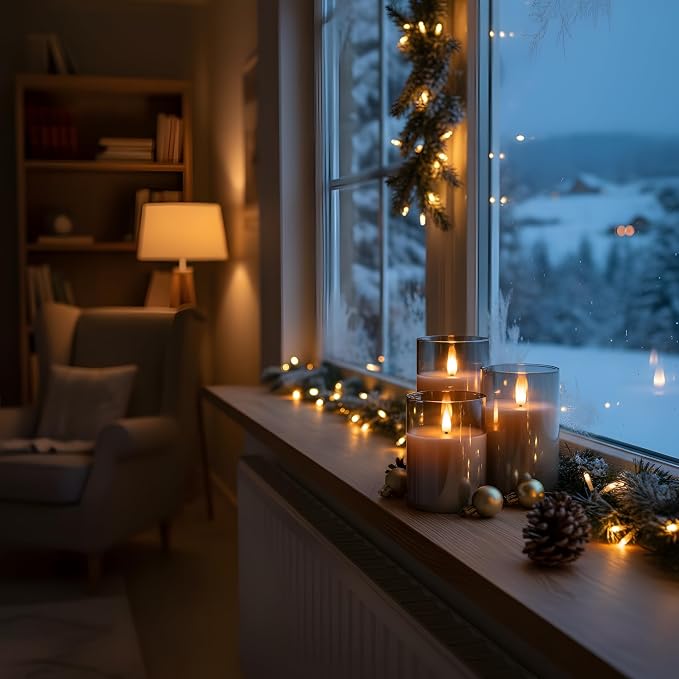 Glass Flameless Pillar Candles Flickering with Remote Timer, Battery Operated LED 3D Moving Flame Real Wax Candles,Remote Included (Gray)