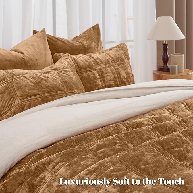 PHF Ultra Soft Velvet Quilt Set Twin Size – 2PCS Luxurious Cozy Quilted Comforter Alternative with Diamond Pattern, Warm Quilted Bedspread Coverlet, 68" x 92", Rusty Burnt Orange