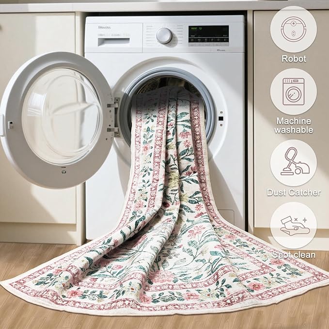 Runner Rug for Entryway: 3x10 Kitchen Rugs Non Slip Washable Ultra-Thin Soft Floral Carpet Indoor Floor Stain Resistant Carpets for Hallway Bedroom Kitchen Laundry Bathroom Dorm Pink/Green