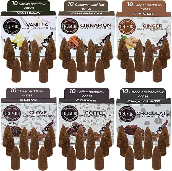 Gourmet - Backflow Incense Cones for Waterfall - Scented Inscents-Cones - Cinnamon, Vanilla, Coffee, Chocolate, Clove, Ginger - Insiensos Aromaticos - 6x10=60 Large Variety Pack