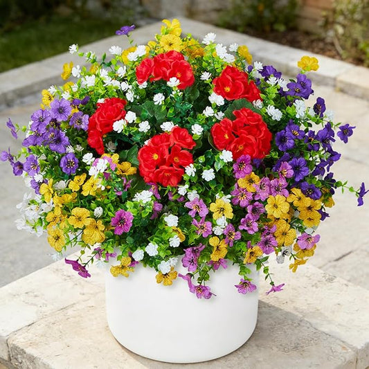 Hrobek Fake Artificial Silk Flowers for Outdoors with Realistic UV Resistant, Faux Plants for Outside Indoor, Home Patio Garden Back Yard Front Porch Decor Spring Summer(12 Bunches)