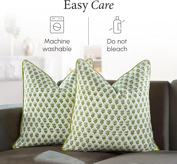 CPC 100% Cotton Throw Pillow Covers 24x24 Inch, Set of 2 Green Block Print Pattern Couch Pillow, Cute Boho Decorative Pillows for Living Room, Bedroom with Hidden Zipper- Emerald Green