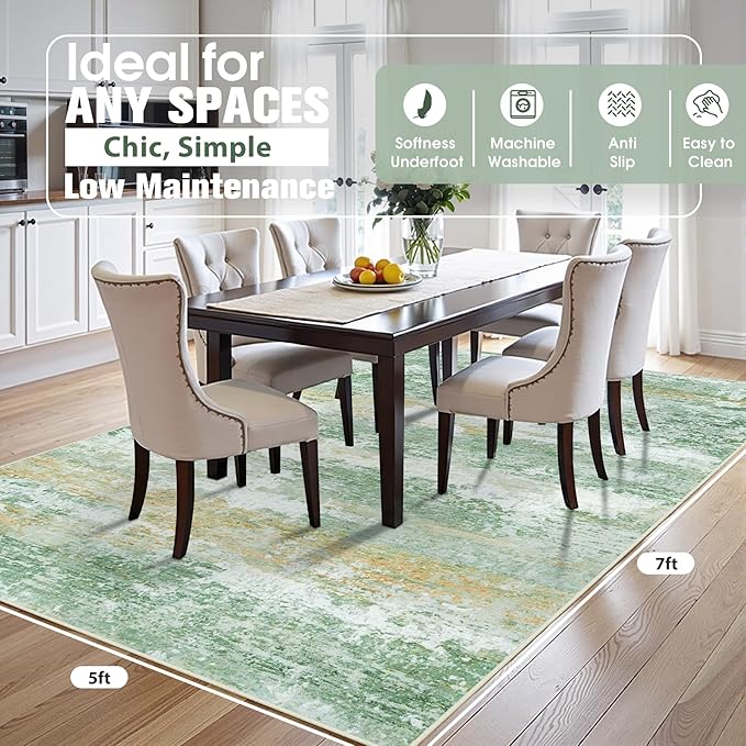 5x7 Area Rugs for Living Room Rug Washable: Abstract Rug for Dining Room Bedroom Carpet Non Slip 5 by 7 Indoor Modern Nursery Home Office Green