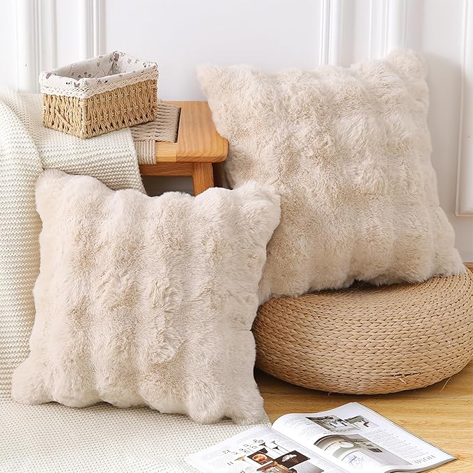 MADIZZ Pack of 2 Thick Plush Faux Wool Throw Pillow Covers Soft Boho Throw Pillows Luxurious Cushion Covers for Couch Sofa Bedroom Living Room Home Decor 16x16 Inch Beige