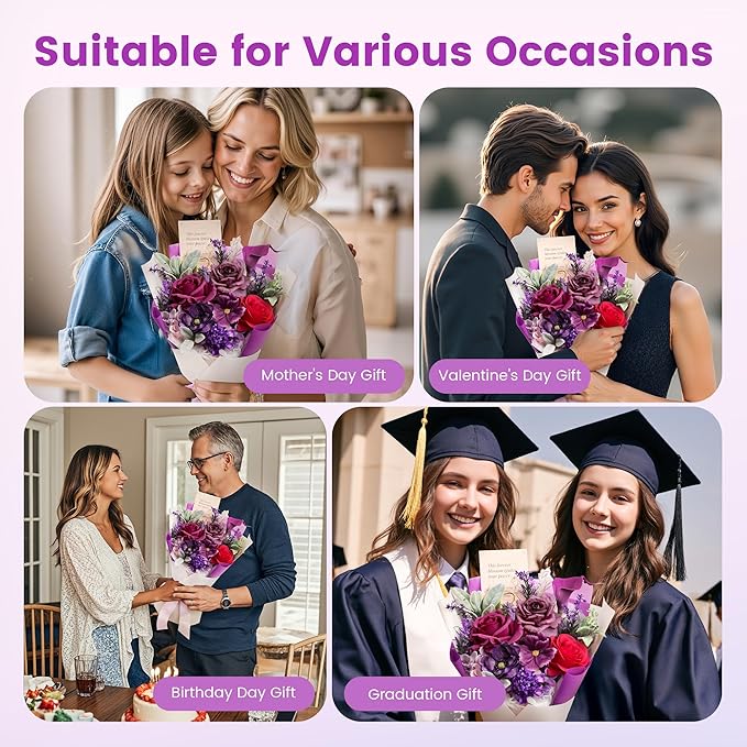 TINGE TIME Mothers Day Preserved Flowers Bouquet, Forever Flowers Gifts for Mom, Birthday Gifts for Women, Eternal Roses Bouquet for Grandma Wife Anniversary Graduation(Purple)