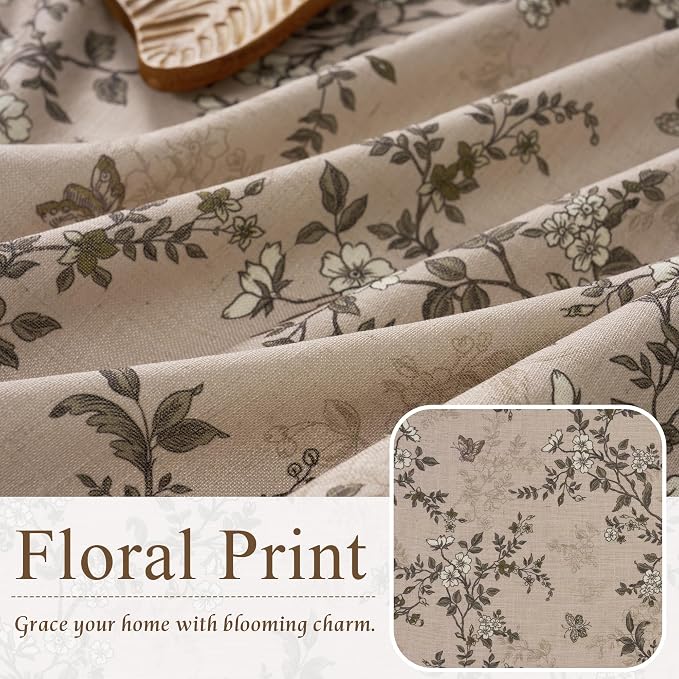StangH Taupe Linen Curtains with Vintage Floral Print, Farmhouse Cottagecore Drapes Light Filtering Non-See-Through Window Treatment for Living Room, W52 x L96, 2 Panels