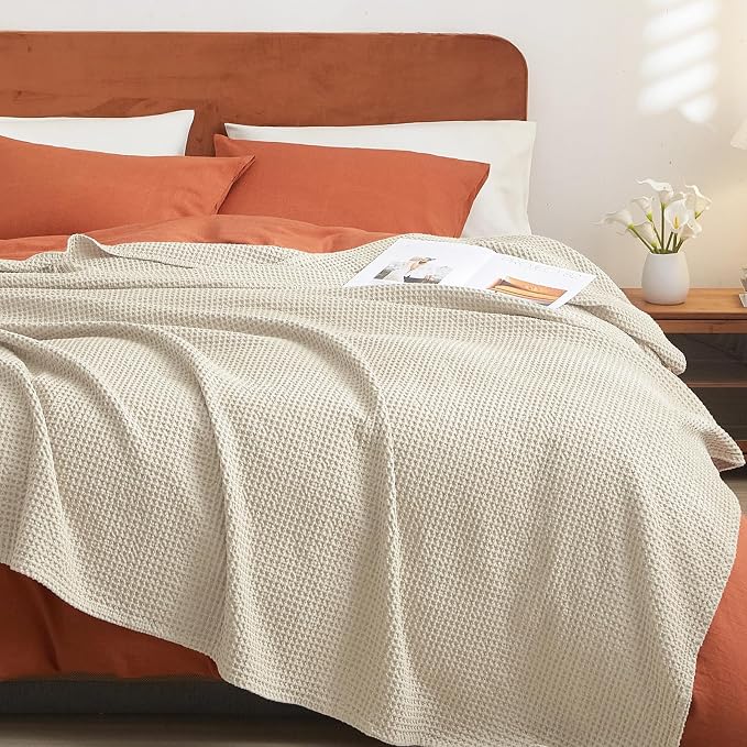 PHF Pre-Washed 100% Cotton Waffle Weave Blanket King Size for Bed,Snag Proof Throw Blanket for Couch Spring Summer Lightweight Breathable,Machine Washable, Home Decor Gift - Linen/Stone