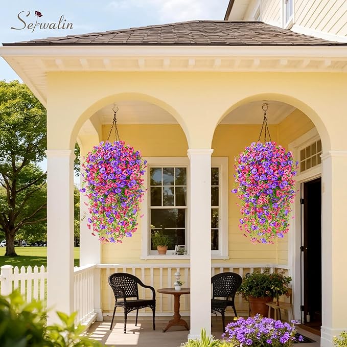 Serwalin Artificial Fake Hanging Flowers for Outdoors Planters,6PCS UV Resistant Faux Pansy Spring Flowers for Outside Porch Patio Garden Window Box (Rose Pink Purple)