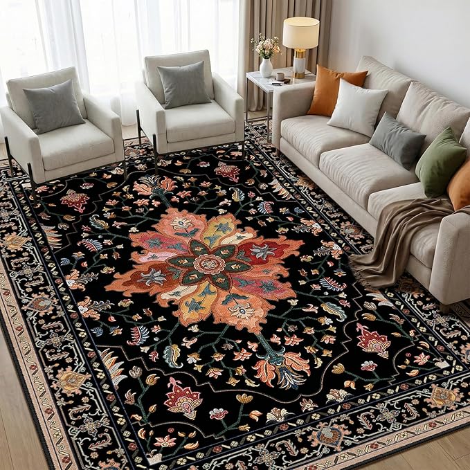 RELEANY Area Rugs 5'x7' Washable Non-Slip, Floral Vintage Distress Print Pattern Medallion Carpet for Living Room Bedroom Dining Room, Black Colorful Floral Dark Tan
