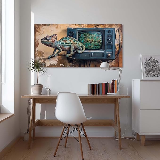 Ggaafet Retro Chameleon Wall Art for Bedroom Canvas Painting Prints Rustic TV Television Art Deco Fantasy Artwork Office Farmhouse Dining Room Decor