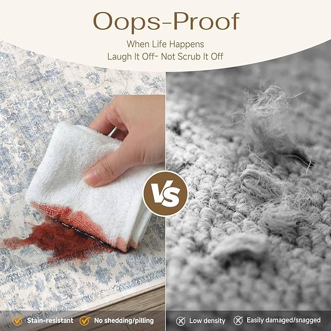 6x9 Washable Neutral Area Rug Blue Vintage Living Room Bedroom Carpet Non-Slip Soft Low Pile Farmhouse Indoor Throw Rug for Dining Room Entryway Office
