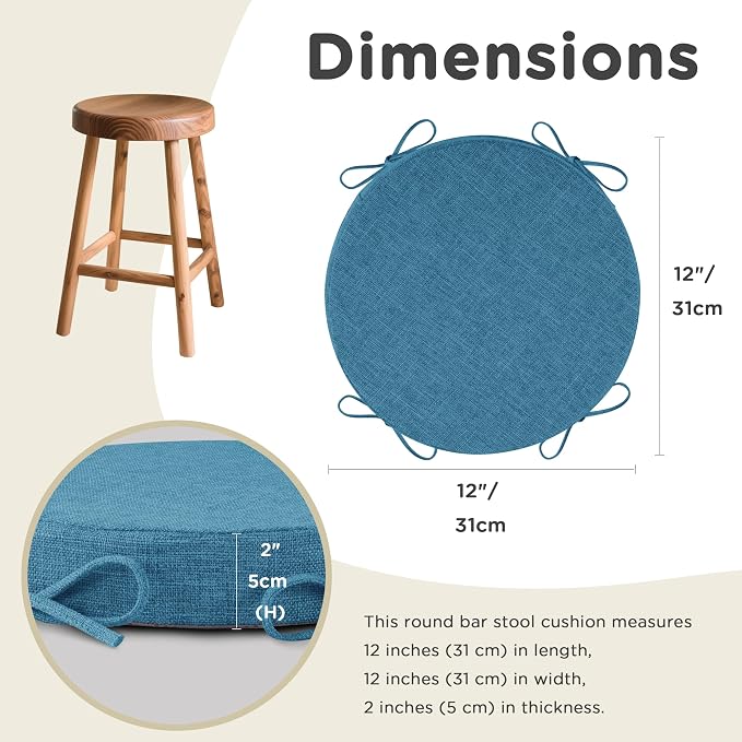 AddGrace Round Bar Stool Cushions with Ties Set of 2 Non Slip Seat Cushions 12x12 Inch Washable Chair Pads Removable Washable Cover Blue